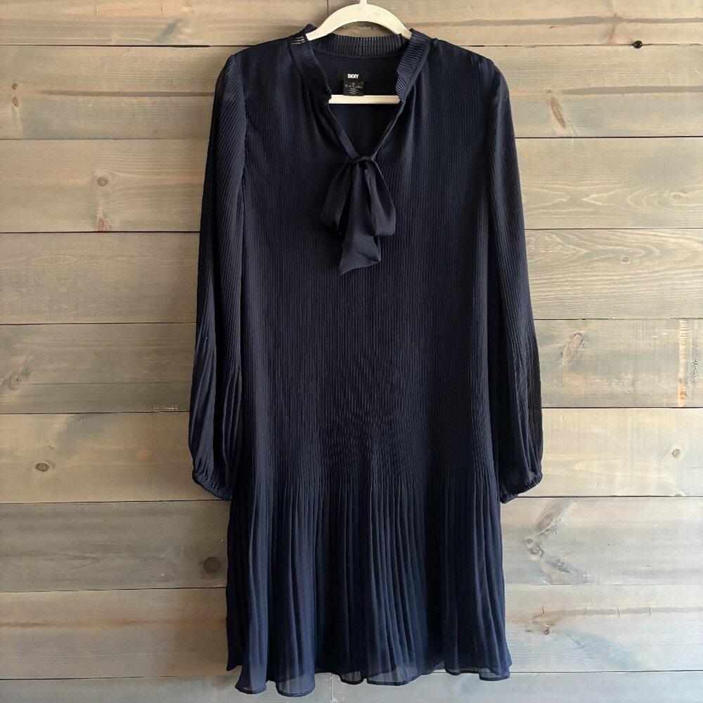 DKNY | Women's Long Sleeve Tie Neck Pleated Dress Navy Size 12